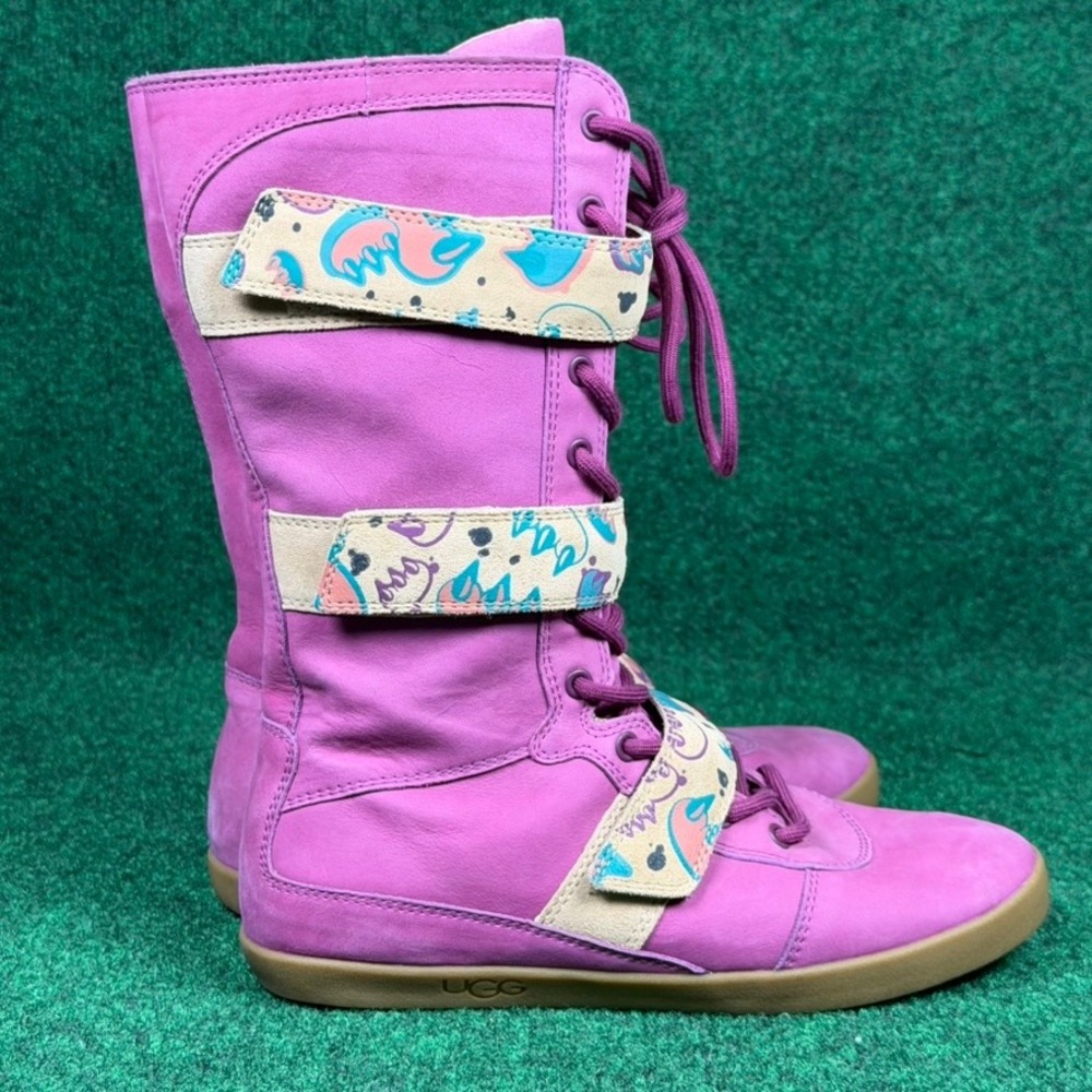 UGG Johnna Graffiti Sugar Plum Tall Boots Graphic Straps Women 7 Leather Lace Up - Picture 2 of 10